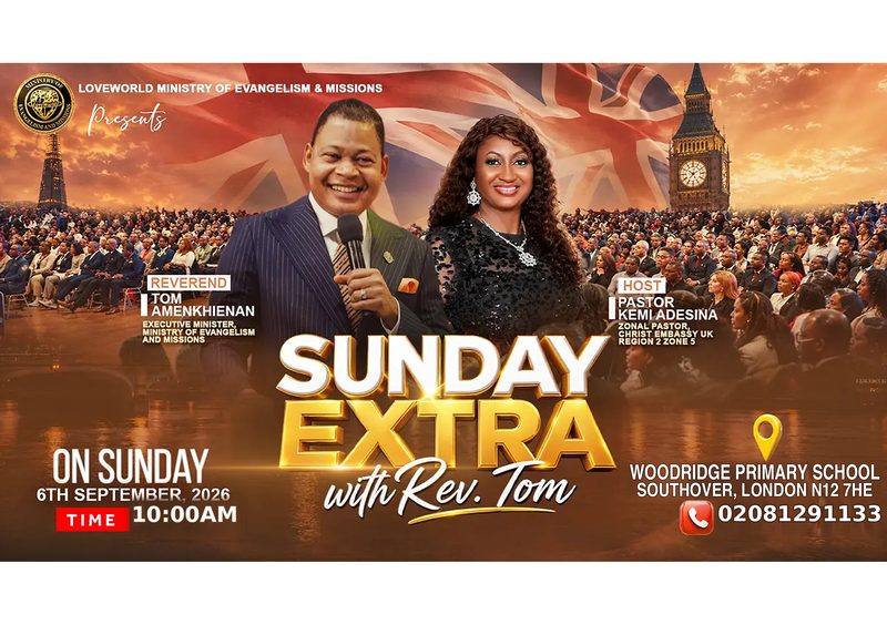 Poster for Sunday Extra with Rev. Tom, showing Reverend Tom Amenkhienan holding a microphone beside Pastor Kemi Adesina, in front of a Union flag and Big Ben above a large congregation.